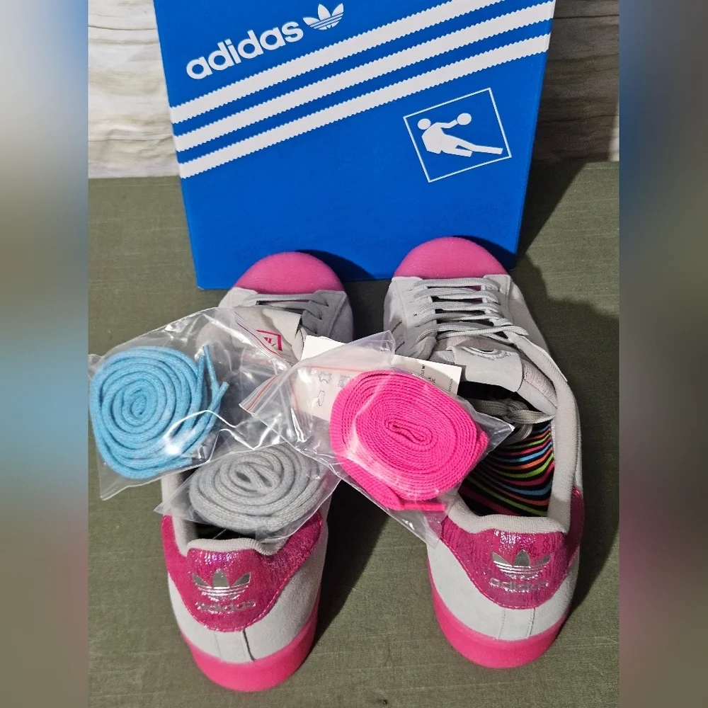 Adidas Superstars ASW Women's Gray suede Sneakers with Pink Sole - Picture 8 of 14